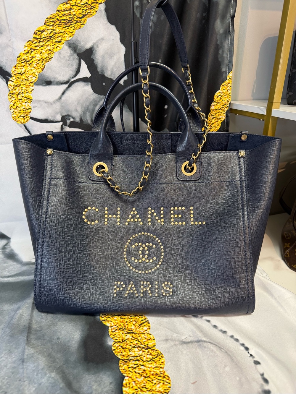 CHANEL Navy Gold-Studded Paris Tote
